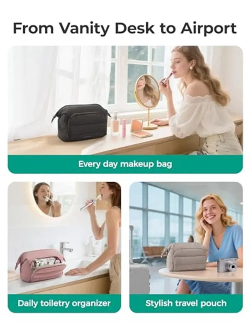 Large Makeup Bag Travel Cosmetic Organizer Wide Open Toiletries Pouch Dark Pink